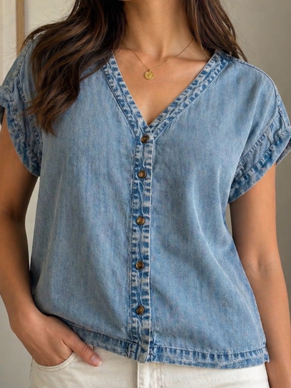 Casual Light Blue Denim V-Neck Button Down Top